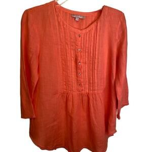 Calypso Linen 3/4 Sleeve Scooped Neckline Pleated Front Blouse Coral Size Small